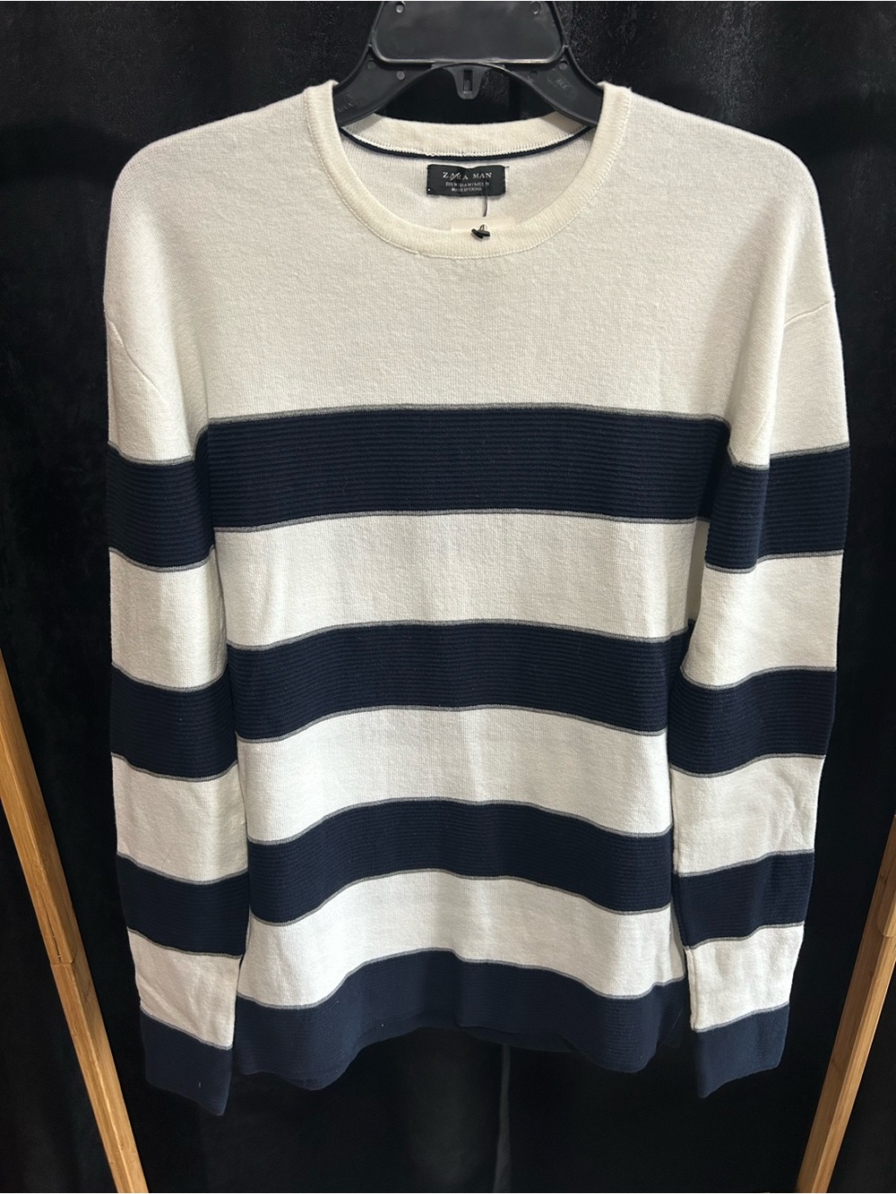 Zara White, Gray, and Navy Horizontal Stripe Crewneck Sweater